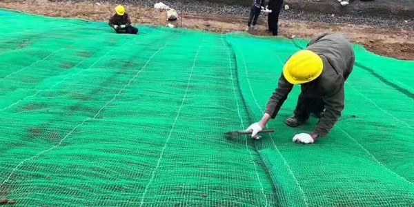 Workers are placing 3D geomat on the slope.