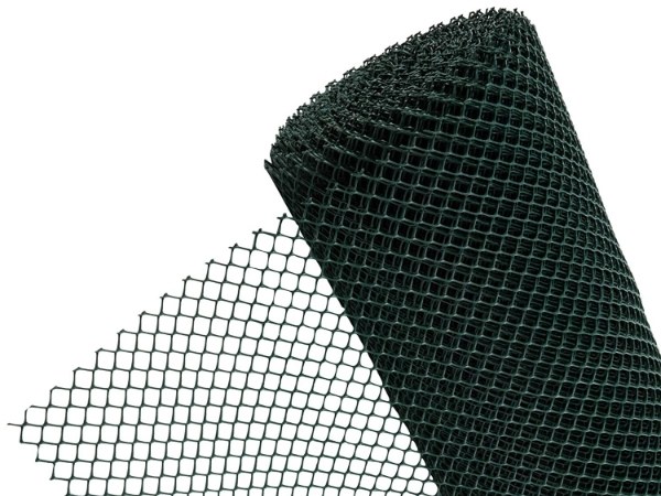 Green lawn reinforcement net with hexagonal openings on a white background