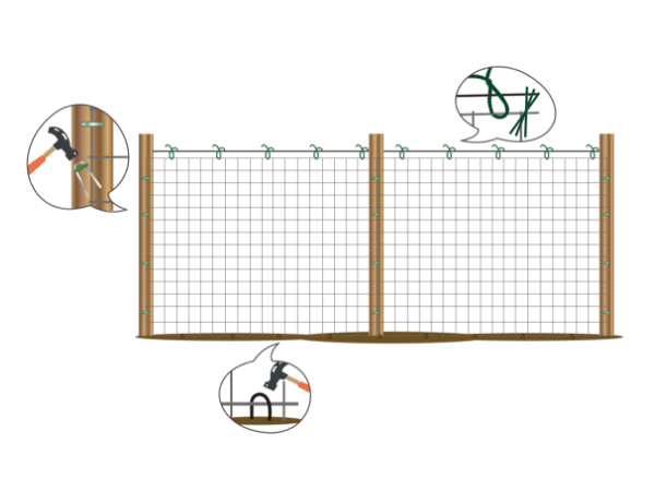 The picture shows how to fix the plastic plant support net onto the posts.