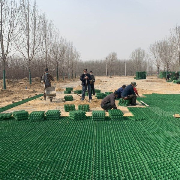 Plastic grass pavers are paved on public parks.