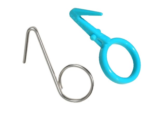 Stainless steel and plastic hooks for oyster bag sealing.