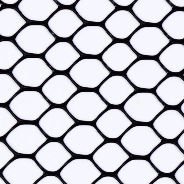 Black hexagonal plastic poultry bed netting on a white background